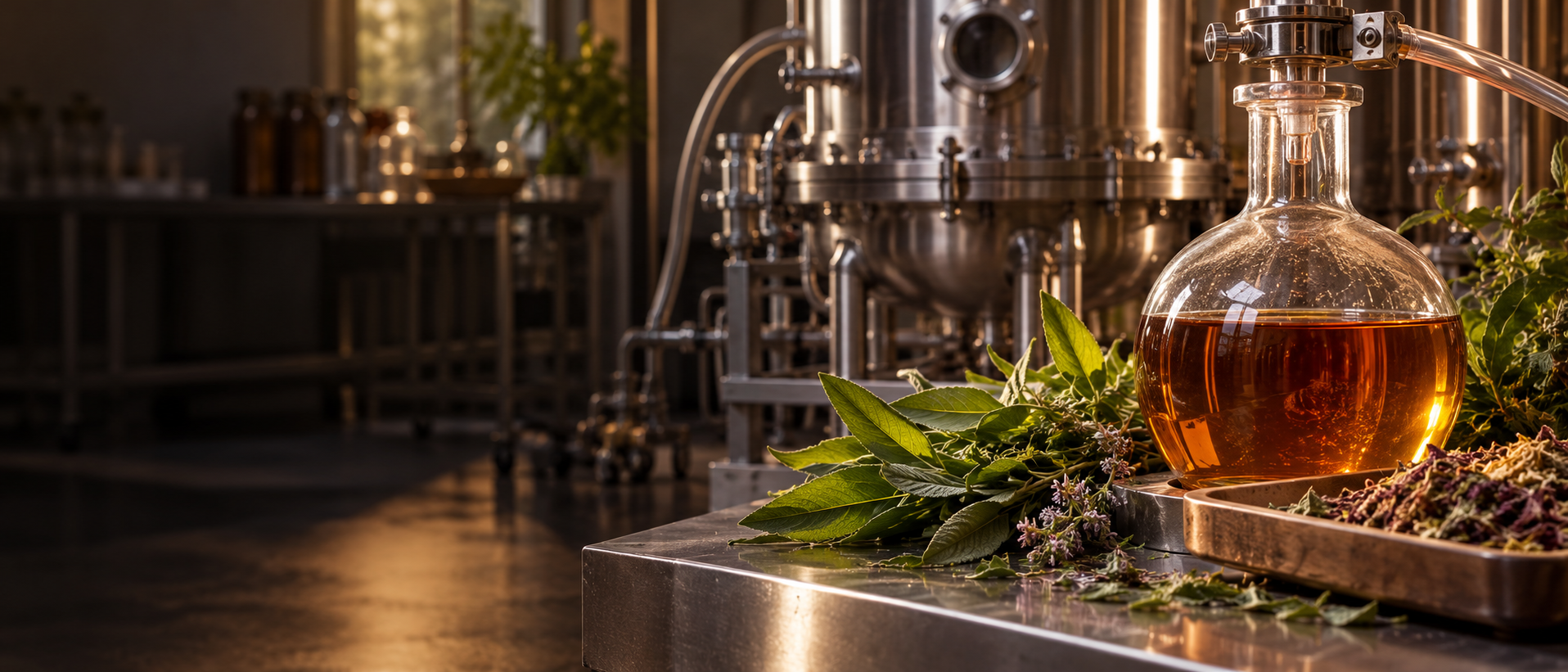 Amber botanical extract, fresh leaves and a pilot extraction vessel in a laboratory